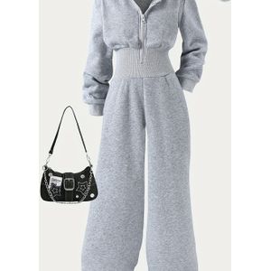 Herfst Meisjes Eenvoudige Casual Stijl Gebreide Rits Sweatshirt Hooded Jumpsuit, Perfect voor Buiten