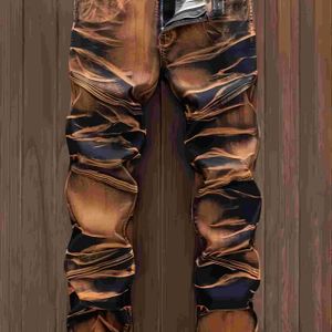 Herenslim-fit Stretch Denim Jeans - Casual Retro Gewassen Blauw met Bruine Accenten, Comfortabele Mid-Rise Zakken voor Alle Seizoenen, Jeans | Retro Stijl Jeans | Comfortabele Pasvorm