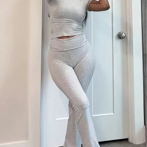 Vaste Kleur Lente & Zomer Casual Broek Set, Korte Mouw Slim Top & Flared Leg Broek Outfits, Dameskleding