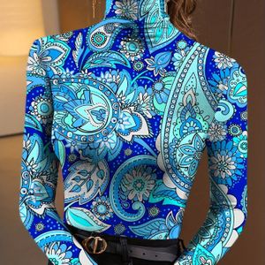 Bloemenprint Hoge Kraag Afslankend T-shirt Vier Seizoenen Lange Mouwen Ondergoed