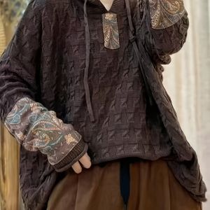 Vintage bloemenprint lange mouw pullover trui voor dames - Gezellig V-hals met trekkoordkap, en beige , perfect voor herfst/winter, herfst-winterkleding | V-hals pullover | Constructie, trui jurk