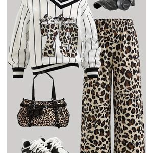 Meisjes Herfst Gestreepte V-hals Lange Mouwen Top met Luipaardprint Wijde Broek Trendy Set van twee