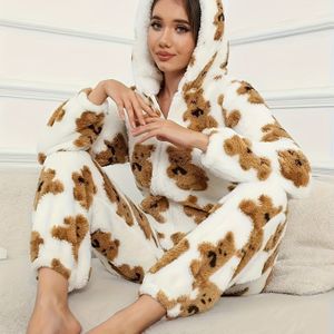 Beerenpatroon Rits Hooded Fuzzy Jumpsuit, Elegante Lange Mouwen Jumpsuit Voor Herfst & Winter, Dameskleding.