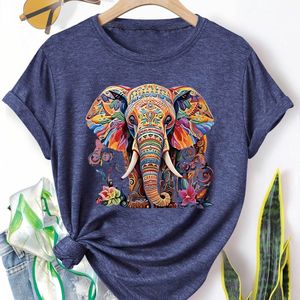 Vrouwen Vibrant Elephant Print T-Shirt - Casual Retro Stijl, Korte Mouw Crew Neck, Medium Stretch Stof, Beschikbaar in Meerdere Kleuren (S-XXL), Elephant Decor