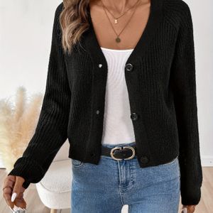 Elegante dameskardigan met V-hals en knoopsluiting - Casual gebreide textuur, lange mouw, acryl, zwart, herfst/wintermode