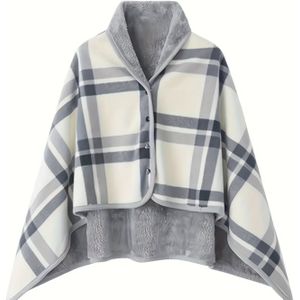 Vrouwen Casual Pyjama Cape Deken, V-hals Mouwloos Gebreide Stof met Knopdetail, Polyester 100% , Medium Stretch, Loose Fit - Dikke Verwarming Kantoor Airconditioning Nap Deken