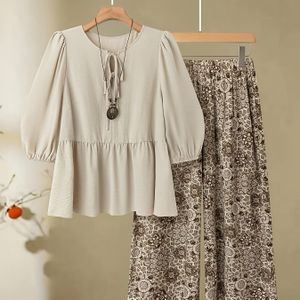 Dames Plus Size Zomer Outfit Set - Elegante Lace-Up Top met Flowy Hem & Matchende Wide-Leg Broek, Niet-Stretch Stof, Perfect voor Casual of Semi-Formele Gelegenheden, Twee-Delen Set