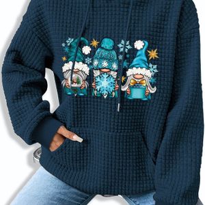 Dames Winter Sneeuwvlok & Rendier Print Hoodie - Knusse Wafeltextuur Lange Mouw Pullover met Kangoeroezak, Zachte Warme Winter Trui voor Herfst & Winter