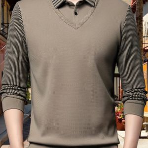 Casual ademend golfshirt met lange mouwen voor heren, nep tweedelig ontwerp voor dagelijks gebruik in de lente/herfst