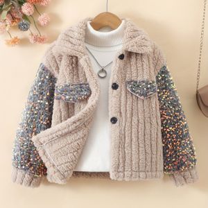 echole kids Meisjes Herfst/Winter Zachte Comfortabele Nepbont Stoffen Patchwork Stijlvol Geborduurde Sequin Revers Lange Mouwen Cardigan Jas