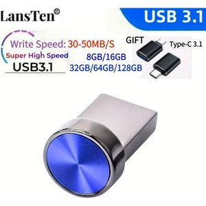 LansTen 1pc USB 3.1 met metalen - Hoge snelheid USB-, mobiele opslagschijf, persoonlijke geheugenstick met USB3.1 -C , 8GB/16GB/32GB/64GB/128GB opties, schrijfsnelheid tot 50MB/S