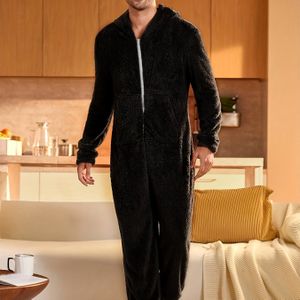 Heren Fleece Jumpsuit met Capuchon - Zachte Flanellen Loungewear met Lange Mouwen en Rits aan de Voorkant, Loszittende Casual Pyjama voor Herfst/Winter, Kleur Minimalistisch Design