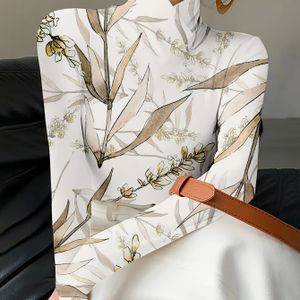 Elegante bloemenprint lange mouw T-shirt voor dames, hoge hals, digitaal print, veelzijdige top, stijlvol en comfortabel, reguliere pasvorm, bloemenprint blouse