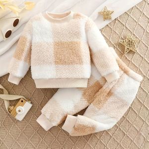 Gezellige & Schattige Meisjes Pluche Flanellen Pyjama Set - Warme Herfst/Winter Mode, Tweedelige Outfit met Lange Mouwen Top & Broek, Beige Geruit , Perfect voor Thuiscomfort
