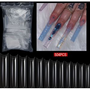 504st XXL No Nageltips voor Acrylnagels, Professionele Set, Rechte Toelopende Vierkante Doorzichtige Nageltips Lange Nepnagels, voor Nagelsalon en Nagelkunst DIY