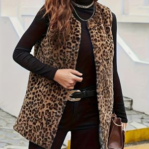 Plus Size Luipaardprint Vest J506 - Elegante Mouwloze Jas met Halflange Mouwen, Rond Hals voor Vrouwen, Veelzijdig Laagje voor Casual & Formele Outfits, Duurzaam Modeartikel