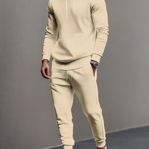 Heren Lente Herfst Winter Eenvoudige Kleur Hoodie Sweatshirt en Joggers Tweedelig Set, Casual Sportkleding, Comfortabel Zacht