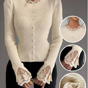 Vrouwen's Elegante Parelversierde Slim Fit Trui - Ronde Hals Lange Mouw Pullover, Wasmachinebestendige Wintertrui voor Herfst & Winter, Veelzijdig Casual tot Formeel , Schattige Sweater