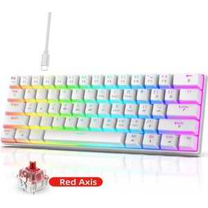 Bedraad 60% Mechanisch Gaming Toetsenbord RGB Verlichting 61 Toetsen Ultra-Compact Hot Swappable Rode Schakelaar voor een soepele en mechanische ervaring. Wit. Ideaal voor kantoorwerk of gamen