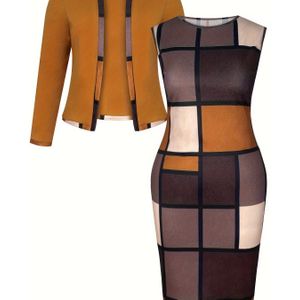 Plus size casual jurk set, kleur open voorkant top en geometrisch crew neck mouwloze jurk outfits, dames plus size kleding