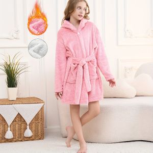 FX Gezellige Fleece-Gevoerde Badjas met Capuchon voor Meisjes - Warm, Flanelachtig Polyester met Praktische Zakken & Knoopsluiting, Verstelbare Riem - Perfect voor Herfst/Winter
