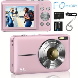 CAMKORY Digitale Camera, FHD 1080P 44MP Compacte Ponscamera met 16X Digitaal Zoom, Anti-Trillen, 32GB Geheugenkaart, Klein Formaat voor Beginners - Roze, Zwart, Groen
