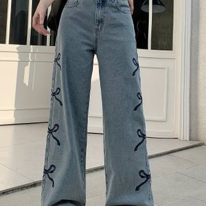 Meisjes Y2K Donkere Strik & Versierde Rechte Pijp Jeans - Elastische Taille Lange Broek, & Rolschaats Outfit, Denim voor School, Kerstmis & Halloween (Wasbaar in de Machine) - Mode Kleding