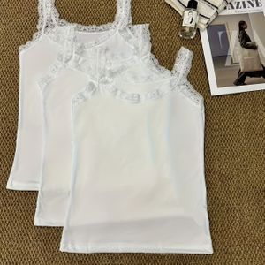 3 stuks Kleur Kant Afwerking Tanktops, Comfortabele en Veelzijdige Ronde Hals Vestjes voor Damesondergoed