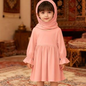 Moslim Ramadan Jurk voor Meisjes, Traditionele Midden-Oosterse Kleur Lange Mouwen Jurk + Hoofddoek Tweedelige Set, Lente/Herfst Kinderjurk, Cadeau voor Ouderen, Cadeau voor Ramadan