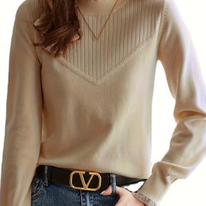 Kanten Gebreide Top Met Nephals, Casual Veelzijdige Trui Met Lange Mouwen, Dameskleding