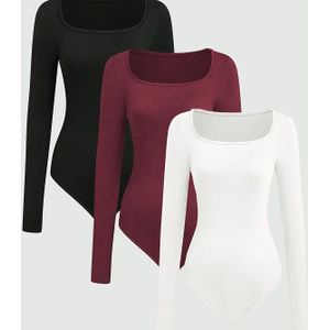 3-delige Set Bodycon Jumpsuits met Vierkante Kraag, Dames Casual Sportieve Lange Mouwen Eendelige Jumpsuit