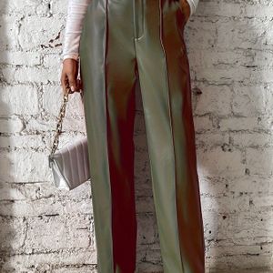 Dames Rechte PU Broek met Ingebouwde Rits/Knoopsluiting - Kleur Lange Broek, voor Kantoor & Winterkleding - Riemloos Ontwerp (Niet Inbegrepen) - Elegante Kleur Onderkleding