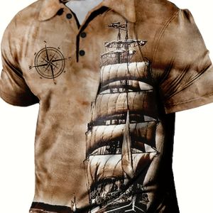 Herenshirt met Vintage Nautische Zeilbootprint - Casual met Knopen, Korte Mouwen, Polyester, Machinewasbaar, Geschikt voor Alle Seizoenen