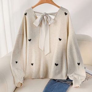 Plus Size - Elegante V-hals Trui met Hartjespatroon en Strik | Casual Plus Size Herfst/Winter Top met Strikdetail