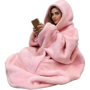 1 stuks Oversized Hoodie Deken - Ultra Zacht Sherpa Fleece, Knus Roze Hooded Sweatshirt met Zakken, Machinewasbaar, Eigentijdse Stijl, Perfect voor Thuis & Buitengebruik, Leuke Deken