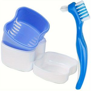 Prothese-etui, draagbare kunstgebit-opbergdoos met zeef, plastic volledige mond tanden reinigingshouder voor ouderen, reisvriendelijk