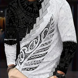 Herenmode Casual T-shirt met lange mouwen, polyester gebreid, ronde hals, stretchstof, willekeurige print, alle seizoenen, pasvorm, top voor thuisgebruik