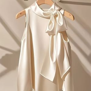 Vrouwen Elegante Mintgroene Zijdeachtige Polyester Blouse met Strikdetail - Ronde Hals Mouwloze Top, Machinewasbaar Kleur Shirt voor Alle Seizoenen