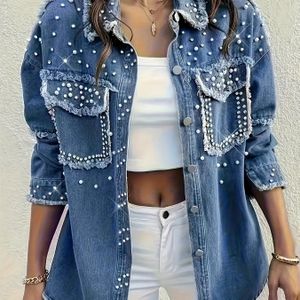 Dames Plus Size Rode Denim Jas met Parelversieringen - Casual V-Hals, Lange Mouw, Button-Up Bovenkleding voor Lente/Zomer/Herfst, Casual Bovenkleding | V-hals Jas | Jas met Parelversiering