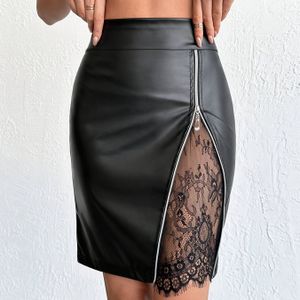 Casual High-Waist en Kant Midi Rok | Kleur, Rits Detail, Zwart, Machinewasbaar