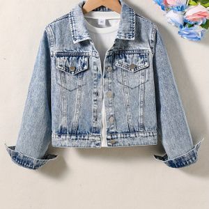 Meisjes Jeans: Trendy Denim Jas met Sneeuwvlokken Print, Stijlvolle Open Kraag Korte Cardigan voor Lente/Herfst - Veelzijdige Vintage Denim Top