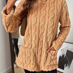 1pc Dames Casual Teddy Fleece Lange Mouw Pullover Sweatshirt, Polyester met Zakken, Ronde Hals, Loose Fit, Kleur, Warm Pluche voor Herfst/Winter