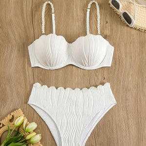 Elegante gekleurde bikini met parelaccenten, gebreid zwemkleding met mouwloos topje en broek, 95% polyester 5% elastaan