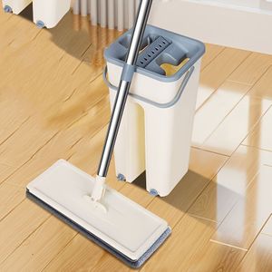 Hands- Floor Mop And Bucket Set, Metal And Plastic, With Wringer, 2 Microfiber Pads, For Wet And Dry Cleaning, Compatible With All Floor Types And Windows