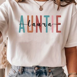 Auntie Letter Print T-shirt, Polyester Crew Neck Tee, Casual Short Sleeve Knit Top, Stretch, Regular Fit, For Summer Fashion Women's Pullover