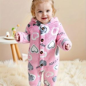 Front Button Hartjesprint Fleecegevoerde Capuchon Onesie voor Meisjes, Herfst en Winter, Ideaal voor Buiten