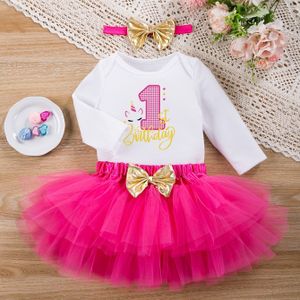 3-delige Baby Meisjes Verjaardag Jurk Set | Modieuze en Leuke Jurk met Lange Mouwen, Harem Mesh Prinsessenjurk met Haaraccessoires, Alfabet , Party Kleding, voor Buiten