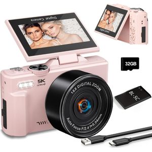 1pas 5K Digitale Camera voor Fotografie - WiFi 75MP Vlogcamera met 3.9" 180° Klapbaar Scherm en 18x Zoom UHD Autofocuscamera - Compacte Vlog Reiscamera met 32GB SD-kaart en 1 Batterij