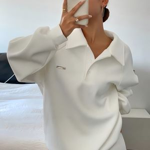 Vrouwen Elegante Witte Lange Mouw Half-Zip Sweatshirt - Relaxed Fit Ronde Hals Pullover met Gouden Rits, Machinewasbaar Medium Stretch Casual Top voor Herfst Winter