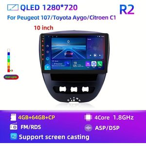 Auto Radio Multimedia Speler Navigatie GPS 2Din DVD Wifi FM voor for /for Toyota Aygo/ C1 10-inch 4G +64GB ROM CP, met CarPlay en Auto, met Knopkleurlicht, Ventilator, 14, Zonder Batterij